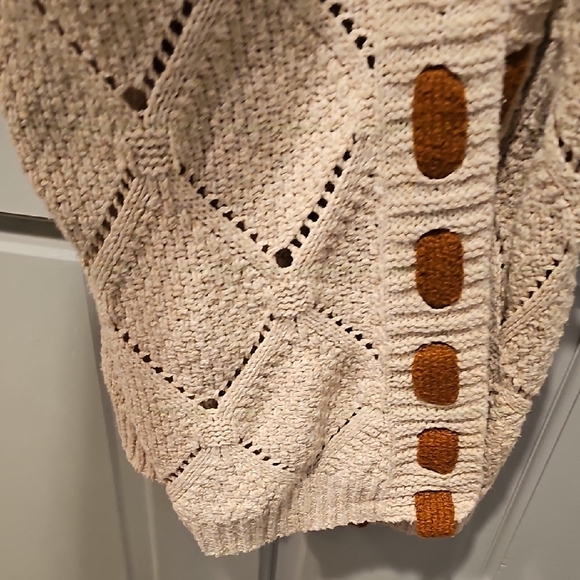 Vintage 80s Crochet Cardigan Long Cream Brown Knit Bohemian Large Retro Patches - Picture 7 of 12